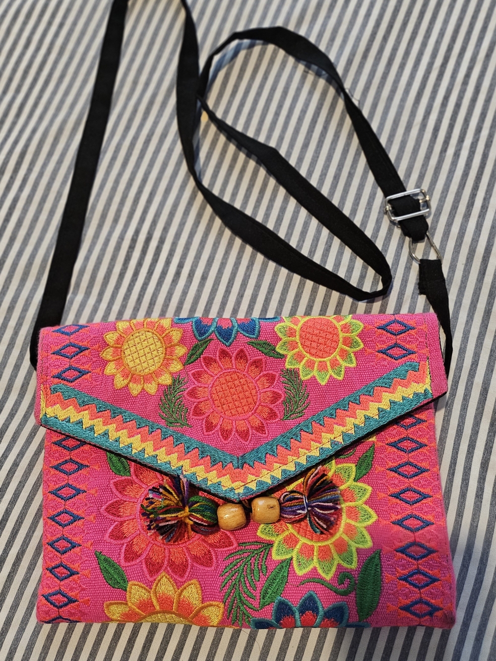 Vibrant Pink Floral Embroidered Crossbody Bag